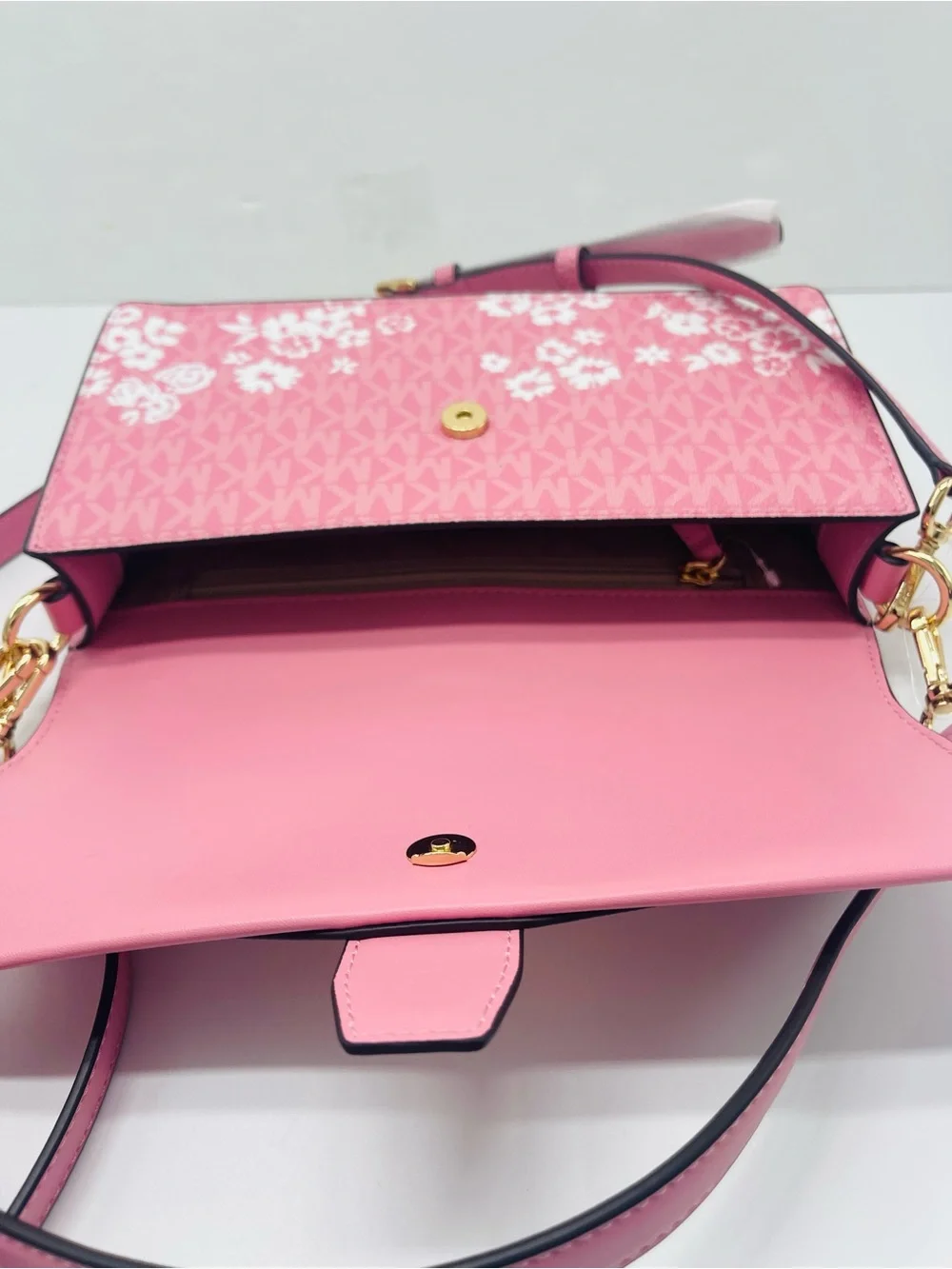 MICHAEL KORS Greenwich Md Printed MK Logo Convertible Shoulder Carnation  NWT